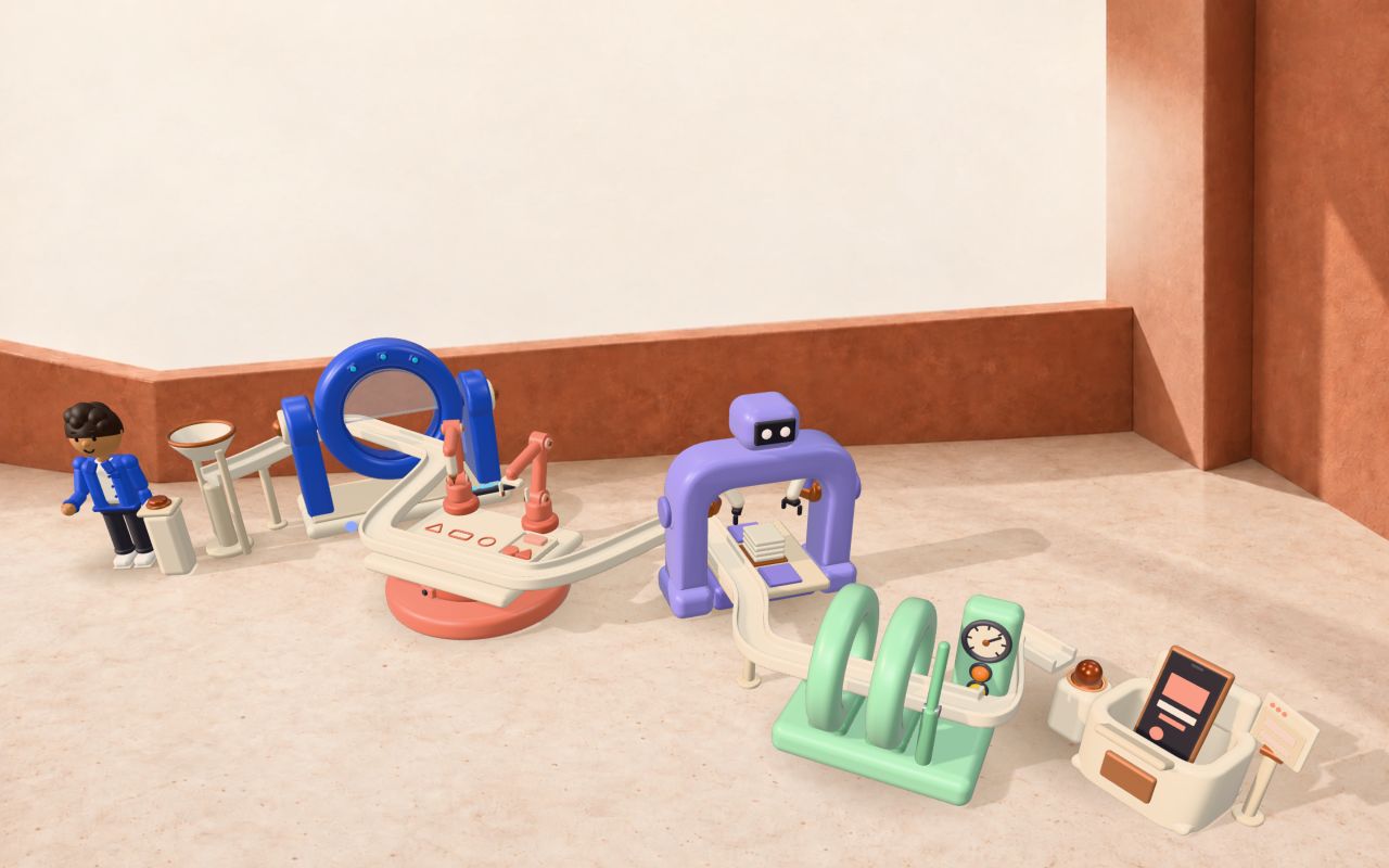 An idea travelling through colorful product-making machines in a warm sandstone workshop