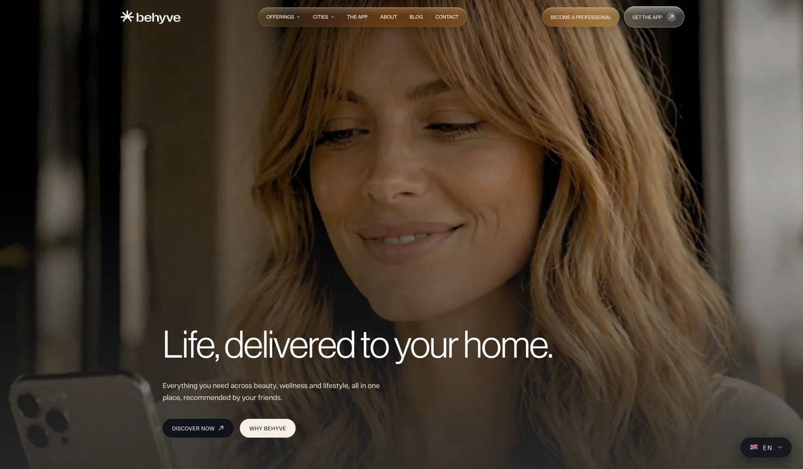behyve website hero with a smiling woman and the tagline Life, delivered to your home